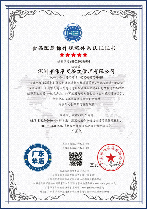 食品配送操作規(guī)程5星級認證-深圳市偉泰發(fā)餐飲管理有限公司